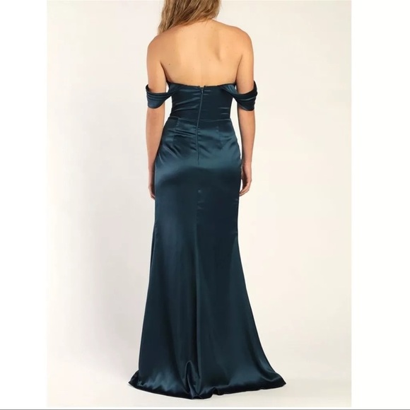 Lulu’s Dark Teal Stunning Arrival Draped Bust Off Shoulder Gown Size Medium - Picture 2 of 9